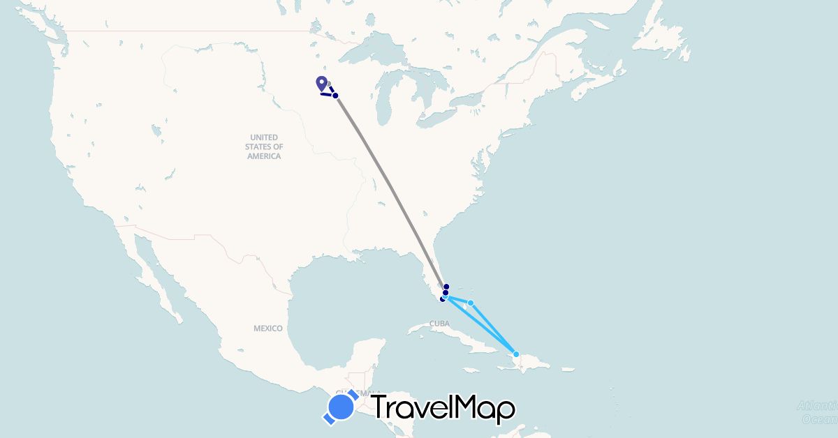 TravelMap itinerary: driving, plane, boat in Bahamas, Haiti, United States (North America)
